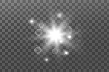 Parlayan ışıklar etkisi. Parıltı izole edildi. Parlayan beyaz yıldız ya da parlayan güneş. Noel için dekorasyon, yeni yıl partisi. Sihirli fotoğraf kaplaması. Şeffaf arkaplan vektör dosyasından silinebilir.