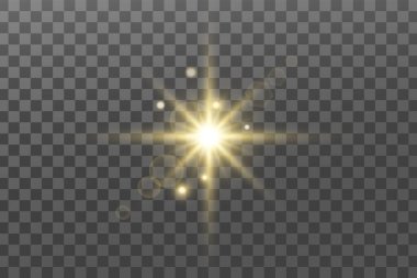 Parlayan ışıklar etkisi. Parıltı izole edildi. Parlayan altın yıldız ya da parlayan güneş. Noel için dekorasyon, yeni yıl partisi. Sihirli fotoğraf kaplaması. Şeffaf arkaplan vektör dosyasından silinebilir.