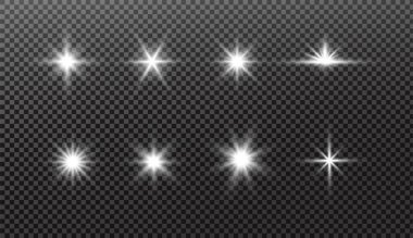 Parlayan ışıklar etkisi. Parıltı izole edildi. Parlayan beyaz yıldız ya da parlayan güneş. Noel için dekorasyon, yeni yıl partisi. Sihirli fotoğraf kaplaması. Şeffaf arkaplan vektör dosyasından silinebilir.