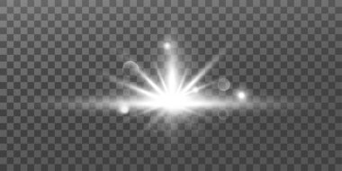 Parlayan ışıklar etkisi. Parıltı izole edildi. Parlayan beyaz yıldız ya da parlayan güneş. Noel için dekorasyon, yeni yıl partisi. Sihirli fotoğraf kaplaması. Şeffaf arkaplan vektör dosyasından silinebilir.