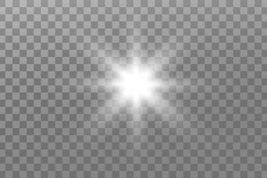 Parlayan ışıklar etkisi. Parıltı izole edildi. Parlayan beyaz yıldız ya da parlayan güneş. Noel için dekorasyon, yeni yıl partisi. Sihirli fotoğraf kaplaması. Şeffaf arkaplan vektör dosyasından silinebilir.