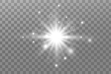 Parlayan ışıklar etkisi. Parıltı izole edildi. Parlayan beyaz yıldız ya da parlayan güneş. Noel için dekorasyon, yeni yıl partisi. Sihirli fotoğraf kaplaması. Şeffaf arkaplan vektör dosyasından silinebilir.