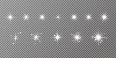 Parlayan ışıklar etkisi. Parıltı izole edildi. Parlayan beyaz yıldız ya da parlayan güneş. Noel için dekorasyon, yeni yıl partisi. Sihirli fotoğraf kaplaması. Şeffaf arkaplan vektör dosyasından silinebilir.