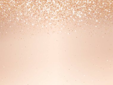 Gül sarısı bronz parıltılı ışıklar arka planda. Parlak şampanyanın ışıltılı yağmur etkisi. Noel ve yeni yıl için kutlama bej arka planı, düğün, doğum günü partisi. Lüks çerçeve, sınır. Vektör.