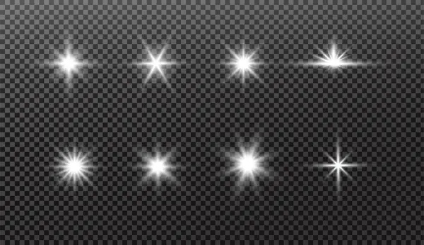 Parlayan ışıklar etkisi. Parıltı izole edildi. Parlayan beyaz yıldız ya da parlayan güneş. Noel için dekorasyon, yeni yıl partisi. Sihirli fotoğraf kaplaması. Şeffaf arkaplan vektör dosyasından silinebilir.