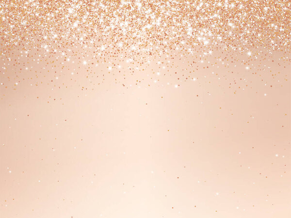 Розовое золото бронзовые блестки фон. Блестящее шампанское с эффектом дождя. Праздничный бежевый фон на Рождество и Новый год, свадьба, день рождения. Роскошная рамка, граница. Вектор.