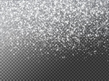 Gümüş ya da beyaz parıltılı ışıklar arka planda. Işıl ışıl parlayan yağmur etkisi. Noel için lüks çerçeve, düğün, doğum günü partisi. Şeffaf arkaplan vektör biçiminde silinebilir.