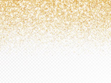 Altın parıltılı ışıklar izole edilmiş. Işıl ışıl parlayan yağmur etkisi. Noel için lüks bir zemin, düğün, doğum günü partisi. Metalik çerçeve, sınır. Şeffaf arkaplan vektör dosyasından silinebilir.