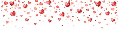 Kırmızı kalpli sevgililer günü arkaplanı. Düşen konfeti çerçevesi, sınır. Tatil dekorasyonu beyazda izole edilmiş. Düğün ve anneler günü afişleri, parti posterleri için. Vektör.