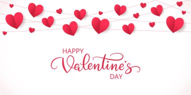 Sevgililer Günü afişi. Kusursuz dekorasyon, beyaz arka planda kırmızı kalpler. Tatil çerçevesi, sınır. El yazısı kaligrafi. Başlıklar, parti ilanları, satış promosyonları için. Vektör.