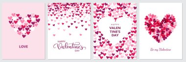 Sevgililer Günü kartları seti. Kırmızı ve pembe kalp desenleri, çerçeve. Kalpten yapılmış bir kalp sembolü. Sevgililer Günü el yazısı. Sevgililer Günü afişleri, hediye etiketleri, parti broşürleri, satış tasarımları..
