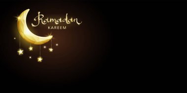 Ramadan Kareem banner with islamic decoration. Hanging crescent and stars lights string frame. Muslim holidays garland. Night sky shiny moon border. Ramadan calligraphy in arabic style. Vector. clipart