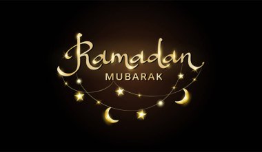 Ramadan Mubarak banner with islamic decoration. Hanging crescent and stars lights string frame. Muslim holidays garland. Night sky shiny moon border. Ramadan calligraphy in arabic style. Vector. clipart