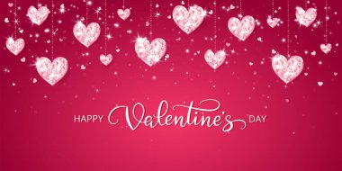 Sevgililer günün kutlu olsun. Kırmızıya pembe pırıltılı kalp süslemesi. El yazısı kaligrafi. Parlak bir çelenk, çerçeve. Romantik parlak arka plan. Vektör.