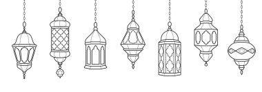 Ramazan fenerleri süslemesi. İslami kutlama sınırı. Beyaza izole edilmiş geleneksel doğu lambaları asmak. Müslüman bayramı çelengi. Vektör