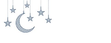 Çizgi sanat dekorasyonu Arap tarzında. Hilal şeklinde asılı ikonlar ve izole edilmiş yıldızlar. Geleneksel İslami semboller, çelenkler. Müslüman bayramları için harika, Ramazan veya El-Adha.