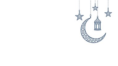 Ramazan veya Al-Adha ikonu. Asılı fener, hilal, yıldızlar. Geleneksel İslami dekorasyon, sınır çizgisi yalıtılmış. Müslüman bayramları. Vektör