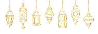 Ramazan altın fenerleri süslemesi. İslami kutlama sınırı. Beyaza izole edilmiş geleneksel doğu lambaları asmak. Müslüman bayramı çelengi. Vektör
