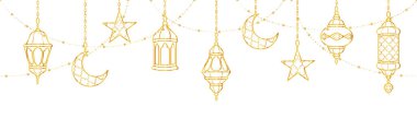Ramazan altın madalyası. Asılan fenerler, hilal, yıldızlar. İslami kutlama sınırı. Geleneksel doğu süsleri, beyaz üzerine izole edilmiş lambalar. Müslüman bayramı çelengi. Vektör