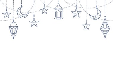 Ramazan çizgisi dekorasyonu. Asılan fenerler, hilal, yıldızlar. İslami kutlama sınırı, çerçeve. Geleneksel doğu süsleri, beyaz üzerine izole edilmiş lambalar. Müslüman bayramı çelengi. Vektör
