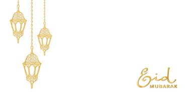 Ramazan altın fenerleri süslemesi. İslami kutlama çerçevesi. Beyaza izole edilmiş geleneksel doğu lambaları asmak. Müslüman bayramları. Kurban kaligrafisi. Vektör