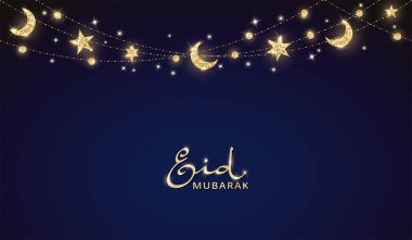 Mübarek bayramın simli pankartı. Hilal şeklinde ve yıldızlı çelenkler. Altın İslami süsler. Müslümanların tatil sınırı, çerçeve. Ramazan veya Al-Adha geçmişi.