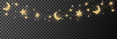 Ramadan or Al-Adha seamless decoration. Garland with hanging crescents and stars. Golden glitter ornaments. Muslim holidays border, frame. Transparent background can be removed in vector file. clipart