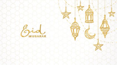 Ramazan altın köşe dekorasyonu. Asılı fenerler, hilal, yıldızlar. İslami kutlama geçmişi. Geleneksel doğu süsleri, beyaz üzerine lambalar. Müslüman bayramı çelengi. Kurban kaligrafisi. Vektör