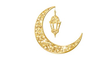 Fenerli altın parıltılı hilal. Şeffaf arkaplanda geleneksel İslami sembol izole edilmiş. Ramazan ya da Al-adha dekorasyonu. Müslüman bayramı ikonu. Vektör