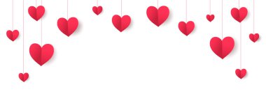 Kırmızı kalpler dekorasyonu. Anneler Günü çelengi. Sevgililer Günü aralığı, sınır. Şeffaf arkaplanda izole edilmiş düğün teli süslemeleri. Pankartlar, parti posterleri için. Vektör.