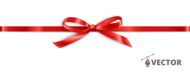 Hediye yayı ile pankart. Kırmızı kurdele izole edildi. Hediye kartı tasarım şablonu. Vektör tatil dekorasyonu. Noel ve doğum günü kartları için harika, indirimli afişler için. Rengini değiştirmek ve yayı yeniden konumlandırmak kolay.