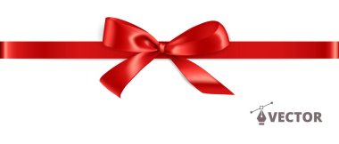Hediye yayı ile pankart. Kırmızı kurdele izole edildi. Hediye kartı tasarım şablonu. Vektör tatil dekorasyonu. Noel ve doğum günü kartları için harika, indirimli afişler için. Rengini değiştirmek ve yayı yeniden konumlandırmak kolay.