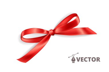 Gerçekçi bir hediye yayı. Kırmızı kurdele beyaz üzerine izole edilmiş. Vektör tatil dekorasyonu. Noel ve doğum günü kartları, sevgililer günü ya da alışveriş pankartları için harika. Renk değiştirmek kolay.