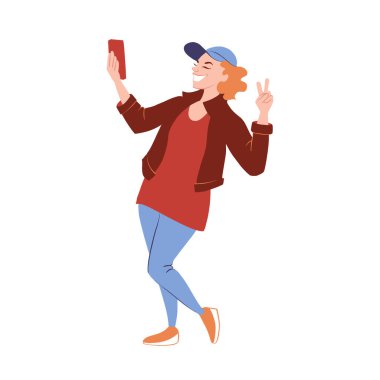 Akıllı telefondan selfie çeken neşeli bir kadın. Genç yetişkin çizgi film karakteri. Elinde cep telefonu olan bir kadın. Vektör illüstrasyonu beyazda izole edildi.