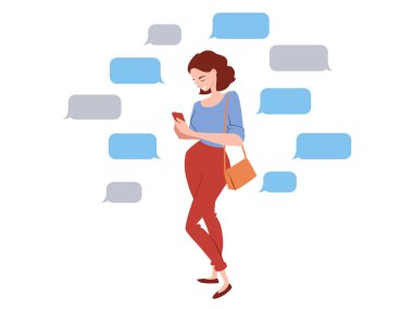 Akıllı telefonuyla mesajlaşan genç bir kadın. Kısa mesaj için konuşma baloncukları. İnternette sohbet konsepti. İnternetten randevulaşma. Vektör karakter illüstrasyonu.