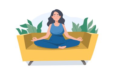 Kanepede meditasyon yapan genç bir kadın. Meditasyon ve ev kavramında rahatlama. Düz vektör çizimi. Padmasana 'da oturan kız beyaz bir poz veriyor. Kız çizgi film karakteri.