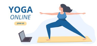 Yoga çevrimiçi konsept pankartı. Evde dizüstü bilgisayarla egzersiz yapan genç bir kadın. İnternet çevrimiçi yoga dersi. Çizgi film karakteri çizimi, düz vektör.