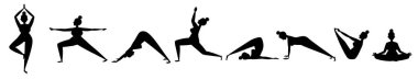 Yoga yapan siyah kadın siluetleri. Yoga egzersizi beyazlar üzerinde izole edilmiş pozlar verir. Kız egzersiz yapıyor, meditasyon yapıyor, spor yapıyor. Kadın yoga kalıbı..