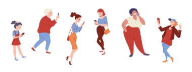 Akıllı telefonları olan bir grup kadın. İnsanlar konuşuyor, mesajlaşıyor, interneti arıyor. Gadget bağımlılık konsepti afişi. Vektör karakter illüstrasyonu beyaz üzerine izole edildi.