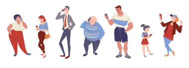 Akıllı telefonları olan bir grup insan. Kadınlar ve erkekler konuşuyor, mesajlaşıyor, internette arama yapıyorlar. Gadget bağımlılık konsepti afişi. Vektör karakter illüstrasyonu beyaz üzerine izole edildi.