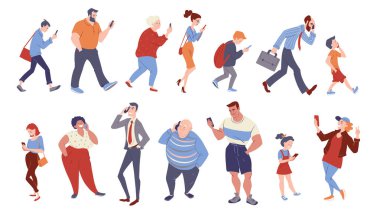 Akıllı telefonları olan bir grup insan. Kadınlar ve erkekler konuşuyor, mesajlaşıyor, internette arama yapıyorlar. İletişim ağı konsept pankartı. Vektör karakter illüstrasyonu beyaz üzerine izole edildi.