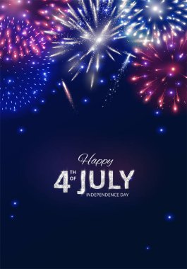 4 Temmuz Bağımsızlık Günü posteri. Parlak kırmızı, mavi ve yeşil havai fişekler. Amerikan bayrağı renkleri. Koyu mavi gece gökyüzü. 4 Temmuz mesajınız kutlu olsun. Sosyal medya afişleri ve kartlar için harika. Vektör