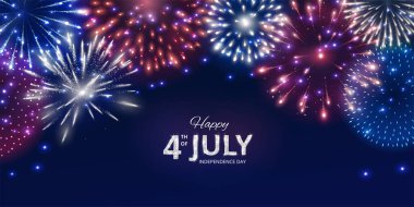 4 Temmuz Bağımsızlık Günü geçmişi. Parlak kırmızı, mavi ve yeşil havai fişekler. Amerikan bayrağı renkleri. Koyu mavi gece gökyüzü. 4 Temmuz mesajınız kutlu olsun. Sosyal medya afişleri ve başlıklar için harika. Vektör.