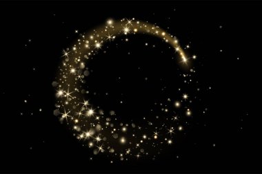 Ekran kipi kullanarak herhangi bir arkaplana ya da fotoğrafa kaplama olarak ekle. Parlayan ışıklarla parıldayan altın parıltı çemberi. Sihirli toz etkisi. Noel için şölen çerçevesi, yeni yıl kartları, parti posterleri. Vektör..
