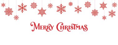 Kırmızı mutlu noel mektupları girdap elementleriyle birlikte. Asılı kar taneleri süslemesi. Yılbaşı afişleri, mevsimlik davetiyeler, posterler, sosyal medya için harika. Vektör dosyasındaki şeffaf arkaplan