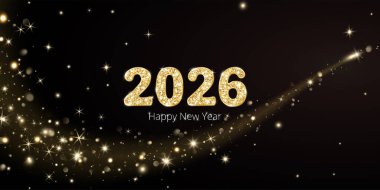 Sihirli parıltılı ve siyah arka planda parıldayan 2026 sayılı altın parıltı. Yılbaşı takvimi kapakları, kutlama afişleri ya da parti davetiyeleri için şenlik tasarımı.