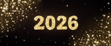 Sihirli parıltılı ve siyah arka planda parıldayan 2026 sayılı altın parıltı. Yılbaşı takvimi kapakları, kutlama afişleri ya da parti davetiyeleri için şenlik tasarımı.