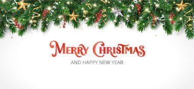 Noel tatili geçmişi. Noel ağacı çerçevesi ve Holly Berry, yıldızlar. Altın ve kırmızı parıltılı Noel süsü. Mutlu noeller yazılı mesajlar. Tatil başlıkları, afişler, parti posterleri için.