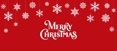 Beyaz Mutlu Noeller mektupları. Kırmızı arka planda kar taneleri asılı. Kar tanesi çelengi, dekoratif çerçeve. Tatil afişleri, Noel hediye etiketleri, mevsimlik posterler, sosyal medya için. Vektör.