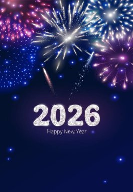 Dikey yeni yıl 2026 'da, üzerinde mor, mavi ve gümüş rengi gece gökyüzünde ışıl ışıl parlayan havai fişekler olan bir afiş. 2026 numaralı mutlu yıllar mesajı ile ışıltılı bir numara. Mükemmel bir şenlik geçmişi var. Vektör.